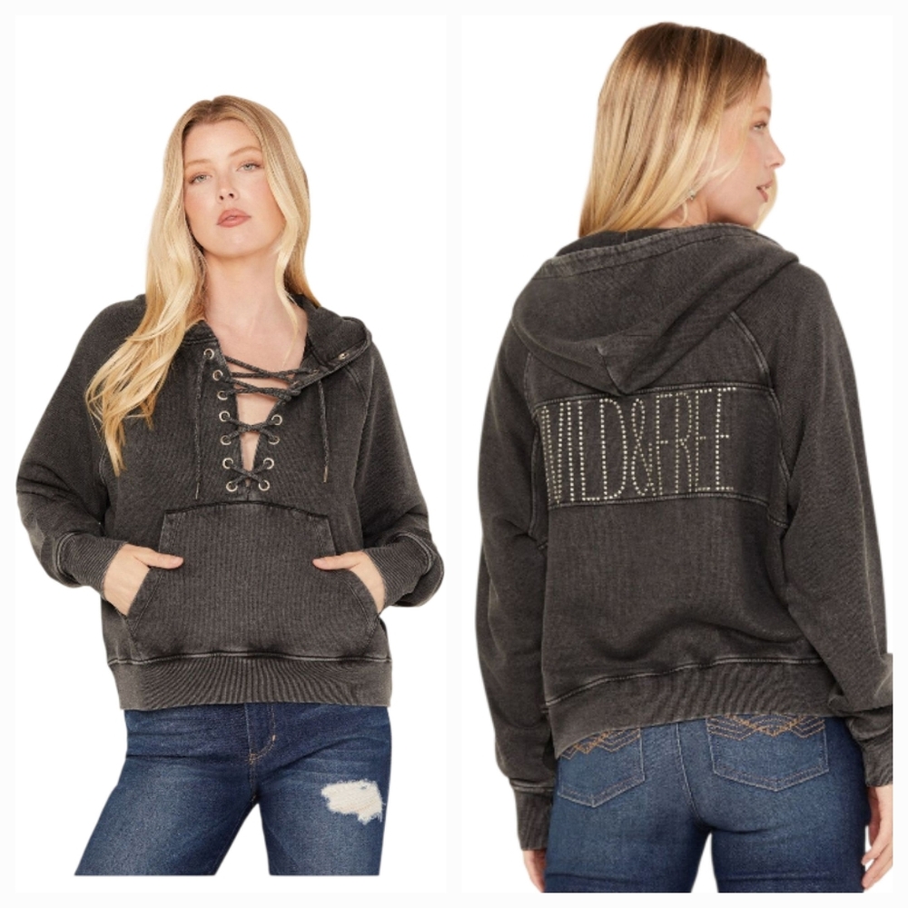 Idyllwind Wild & Free Dark Gray Lace-Up Sweatshirt
